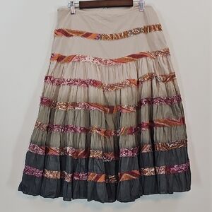 World Unity Tiered Ombré Cotton Prairie Skirt | Paisley Patchwork Trim | Size 14
